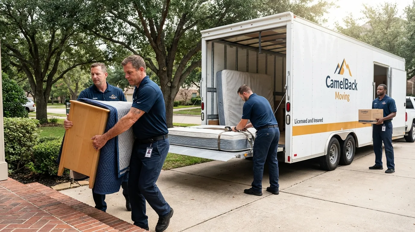 Crew loading residential truck for cross-state move from Marcellus, MI