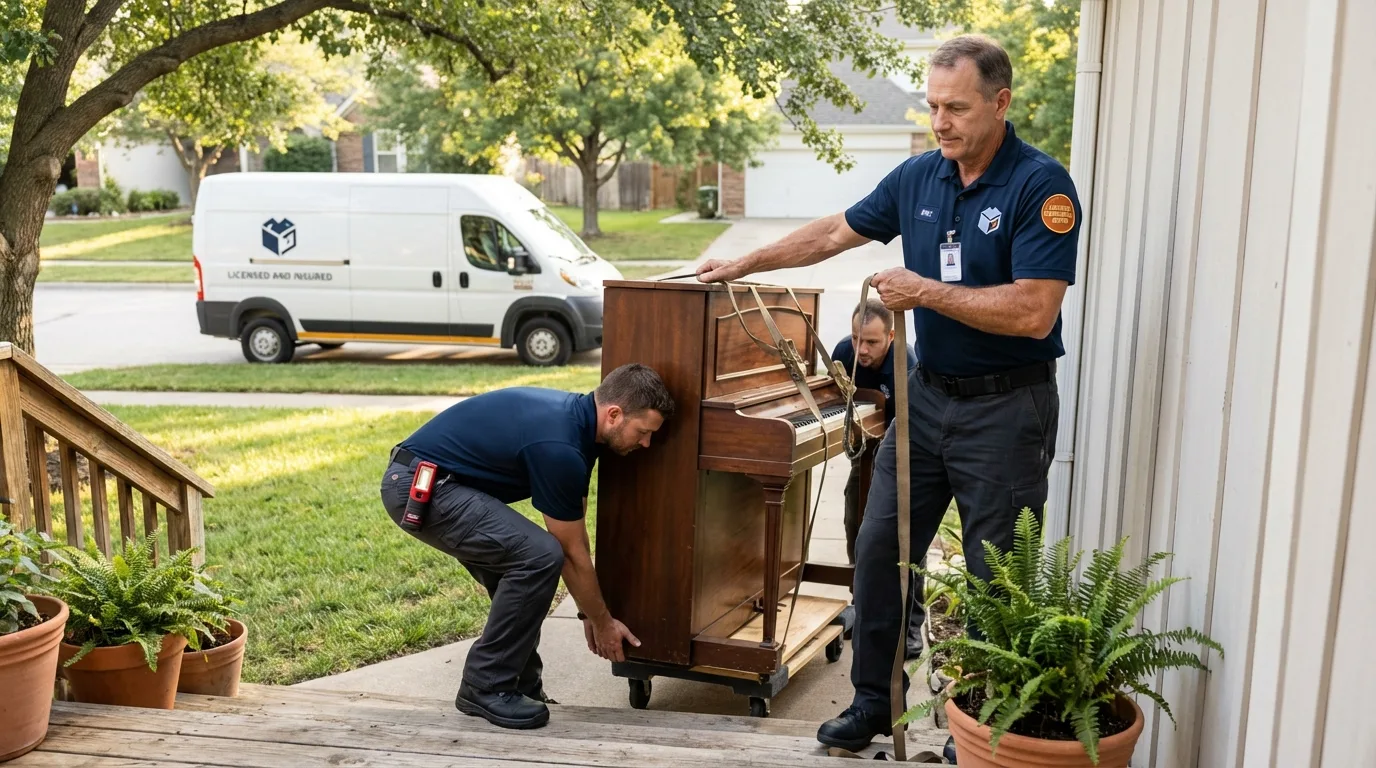 Licensed piano movers securing grand piano in Marcellus, MI